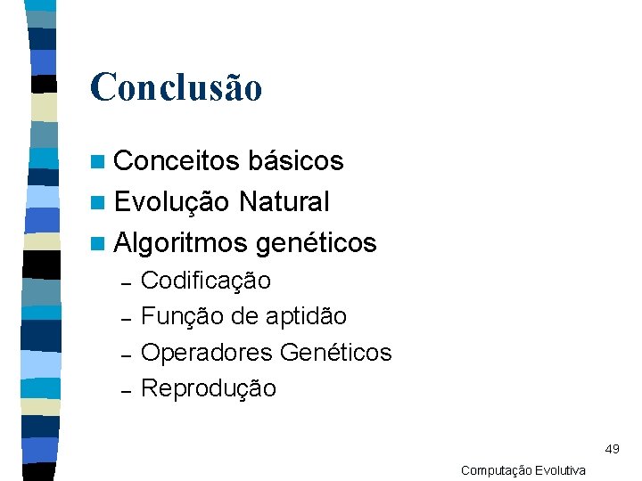 Conclusão n Conceitos básicos n Evolução Natural n Algoritmos genéticos – – Codificação Função