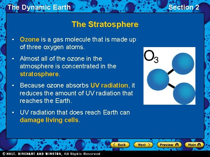 The Dynamic Earth Section 2 The Stratosphere • Ozone is a gas molecule that