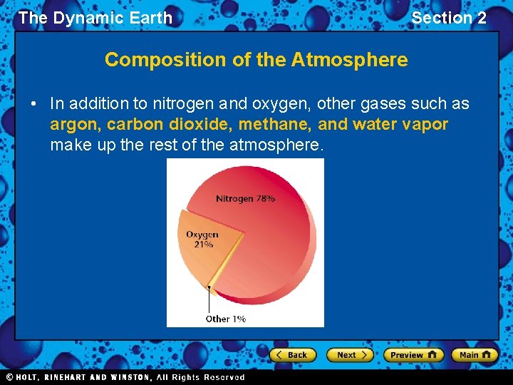 The Dynamic Earth Section 2 Composition of the Atmosphere • In addition to nitrogen