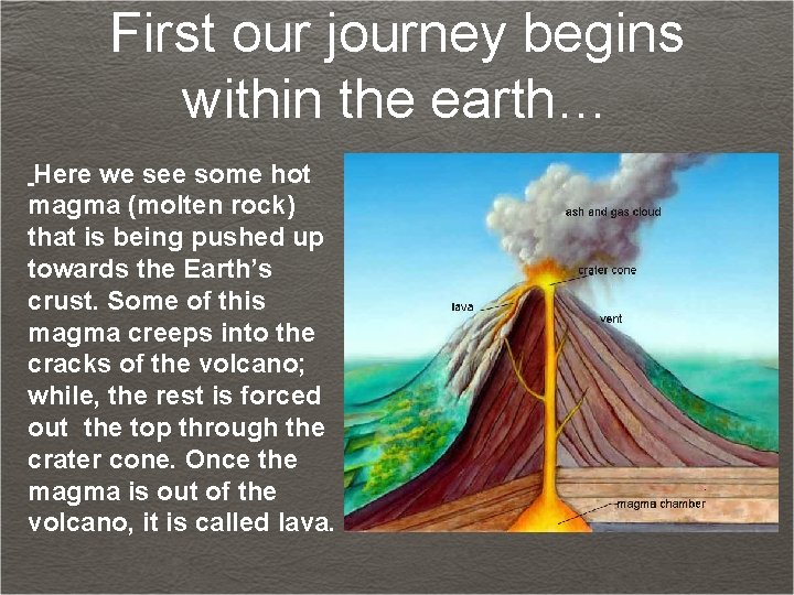 First our journey begins within the earth… Here we see some hot magma (molten