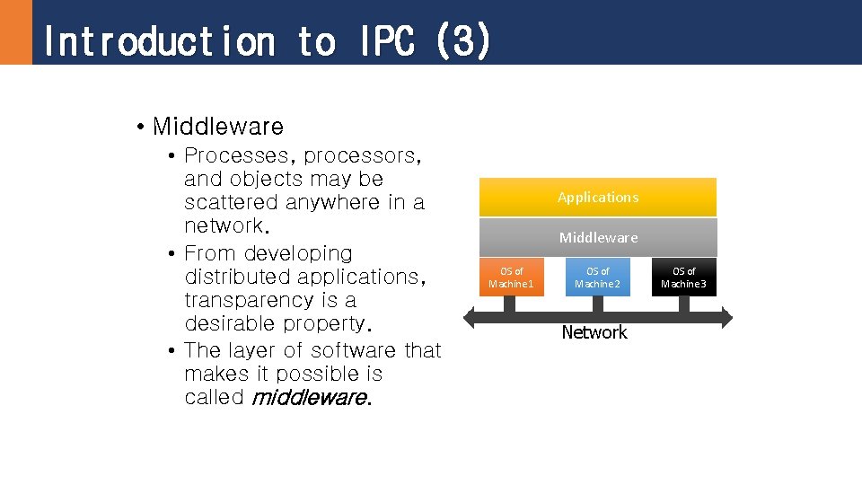 Introduction to IPC (3) • Middleware • Processes, processors, and objects may be scattered