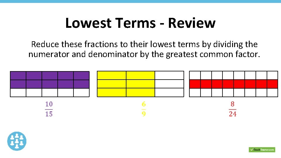 Lowest Terms - Review Reduce these fractions to their lowest terms by dividing the Lowest Terms - Review Reduce these fractions to their lowest terms by dividing the