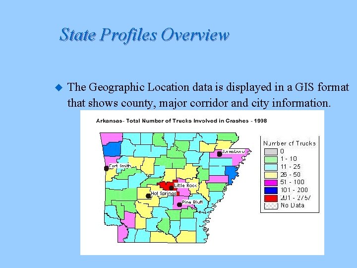 State Profiles Overview u The Geographic Location data is displayed in a GIS format