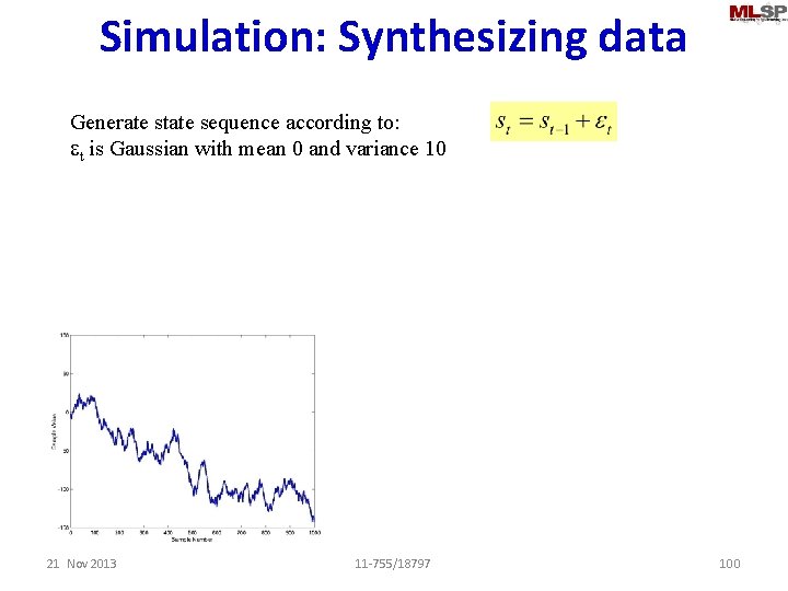 Simulation: Synthesizing data Generate state sequence according to: et is Gaussian with mean 0