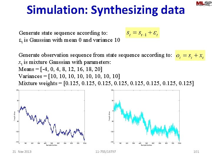 Simulation: Synthesizing data Generate state sequence according to: et is Gaussian with mean 0