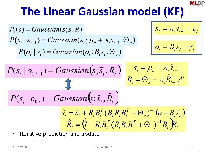 The Linear Gaussian model (KF) • Iterative prediction and update 21 Nov 2013 11