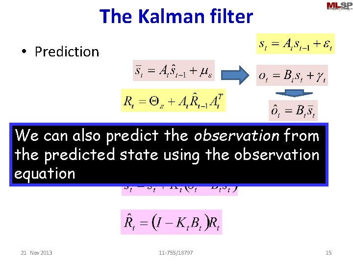 The Kalman filter • Prediction • Update We can also predict the observation from