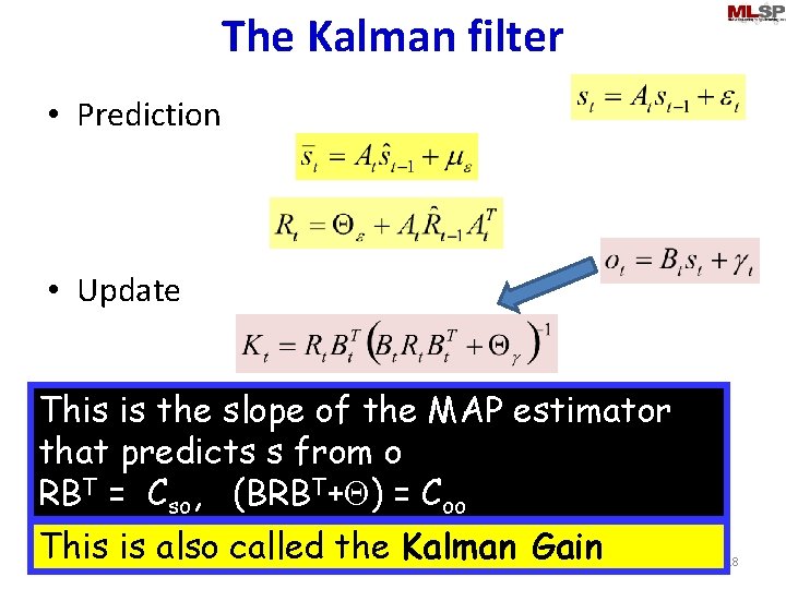 The Kalman filter • Prediction • Update This is the slope of the MAP