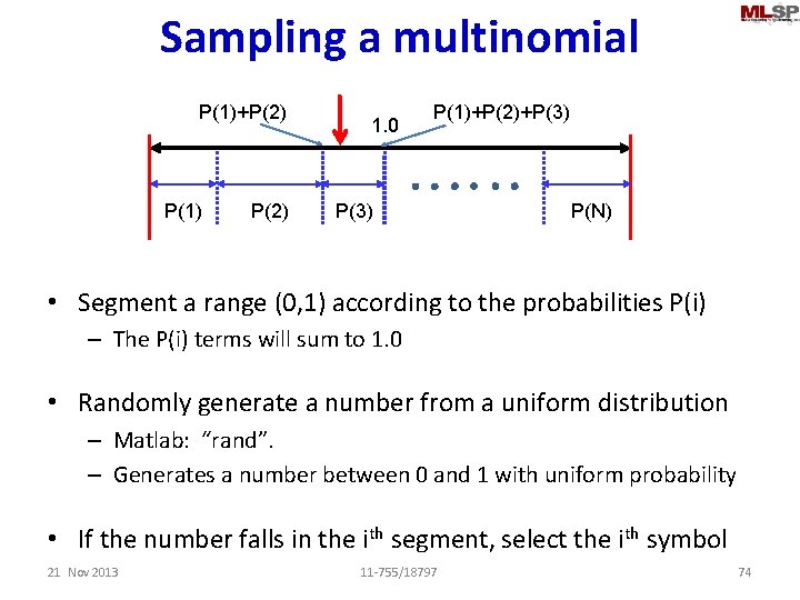 Sampling a multinomial P(1)+P(2) P(1) P(2) 1. 0 P(1)+P(2)+P(3) P(N) • Segment a range
