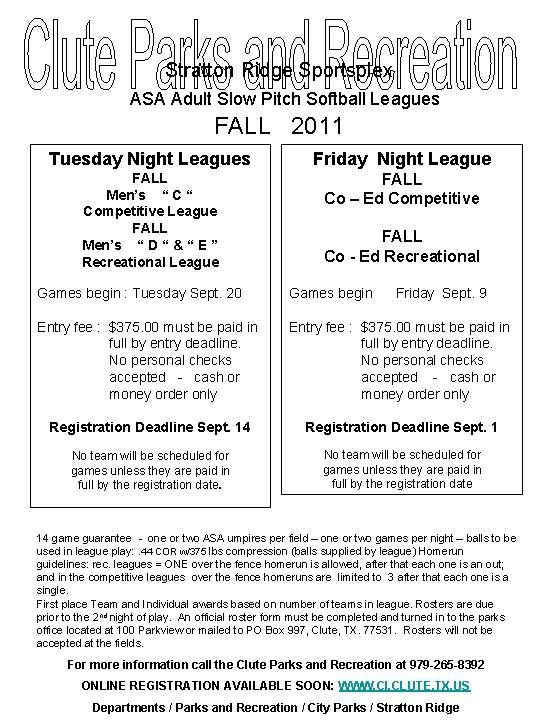 Stratton Ridge Sportsplex ASA Adult Slow Pitch Softball