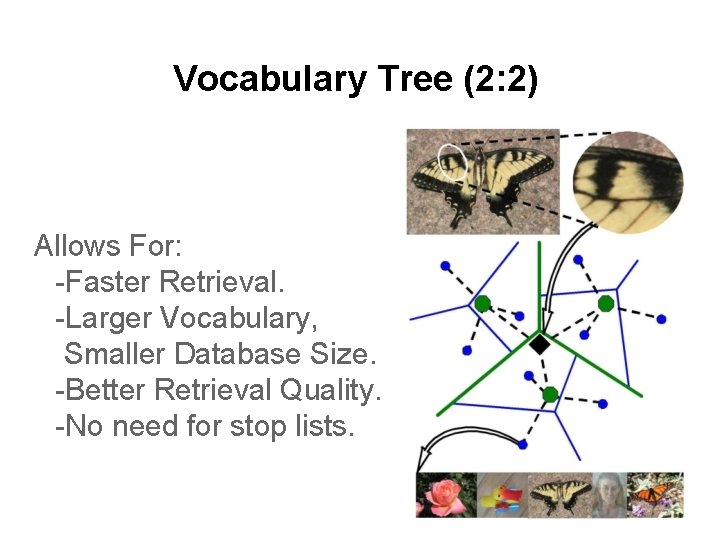 Vocabulary Tree (2: 2) Allows For: -Faster Retrieval. -Larger Vocabulary, Smaller Database Size. -Better