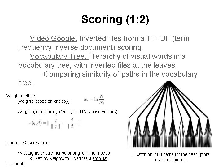 Scoring (1: 2) Video Google: Inverted files from a TF-IDF (term frequency-inverse document) scoring.