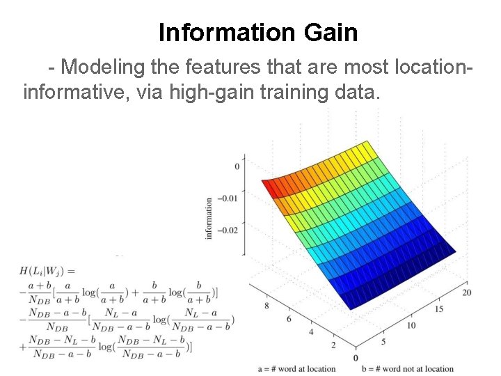 Information Gain - Modeling the features that are most locationinformative, via high-gain training data.