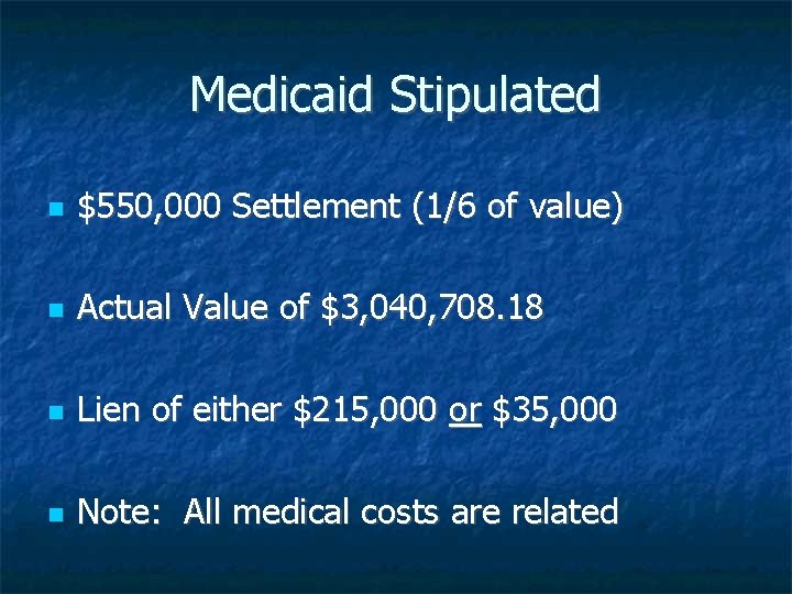 Medicaid Stipulated $550, 000 Settlement (1/6 of value) Actual Value of $3, 040, 708.