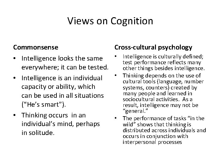 Views on Cognition Commonsense Cross-cultural psychology • Intelligence is culturally defined; • Intelligence looks