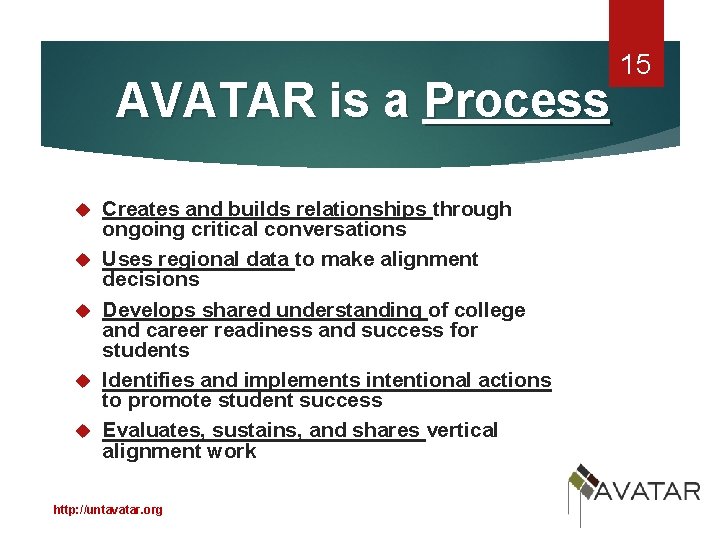 AVATAR is a Process Creates and builds relationships through ongoing critical conversations Uses regional