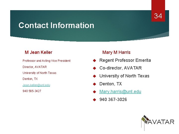 34 Contact Information M Jean Keller Mary M Harris Professor and Acting Vice President