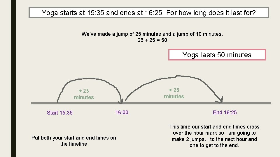 Yoga starts at 15: 35 and ends at 16: 25. For how long does