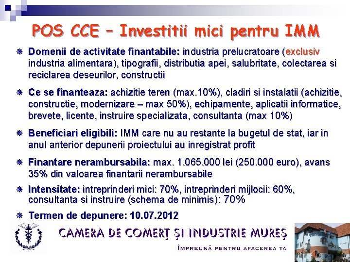 POS CCE – Investitii mici pentru IMM ¯ Domenii de activitate finantabile: industria prelucratoare