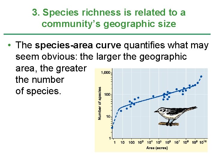 3. Species richness is related to a community’s geographic size • The species-area curve 3. Species richness is related to a community’s geographic size • The species-area curve