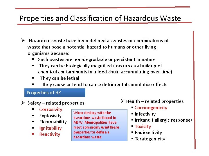 Properties and Classification of Hazardous Waste Ø Hazardous waste have been defined as wastes Properties and Classification of Hazardous Waste Ø Hazardous waste have been defined as wastes