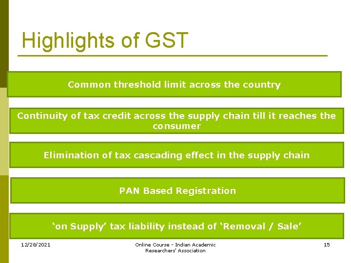 Highlights of GST Common threshold limit across the country Continuity of tax credit across