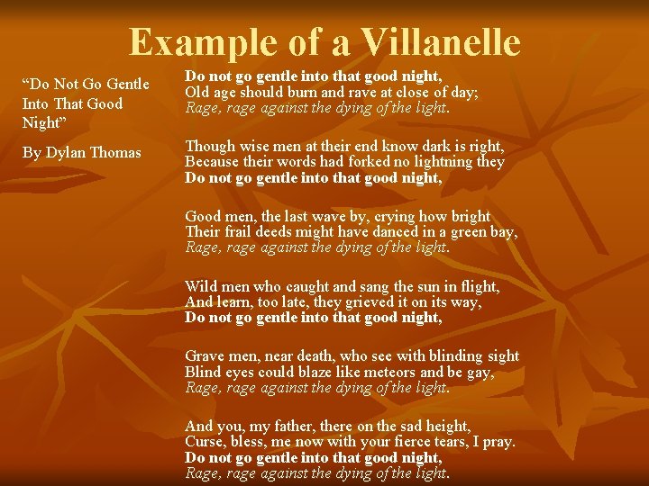 Example of a Villanelle “Do Not Go Gentle Into That Good Night” Do not