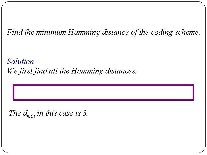 Find the minimum Hamming distance of the coding scheme. Solution We first find all