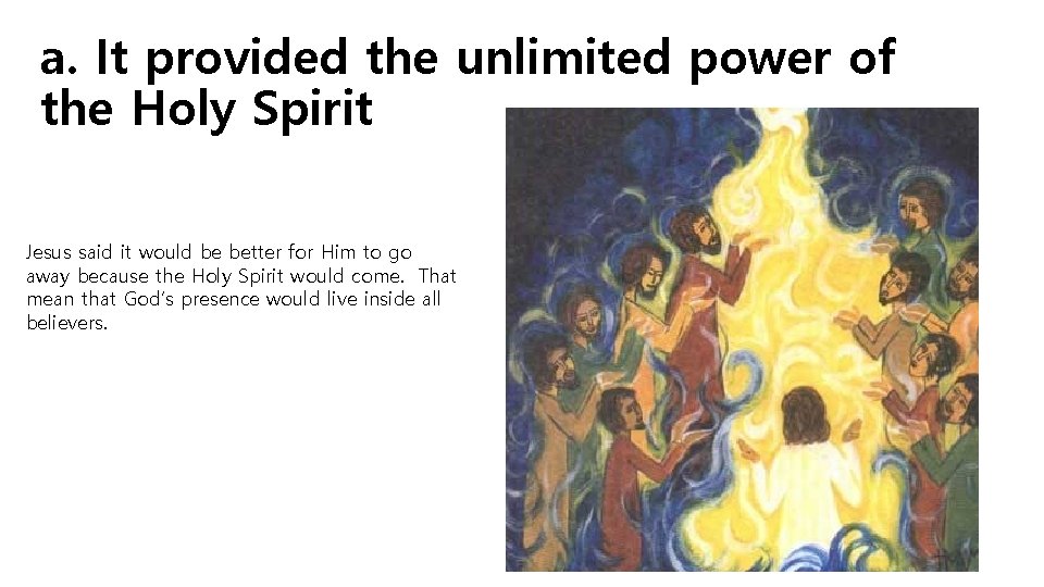 a. It provided the unlimited power of the Holy Spirit Jesus said it would