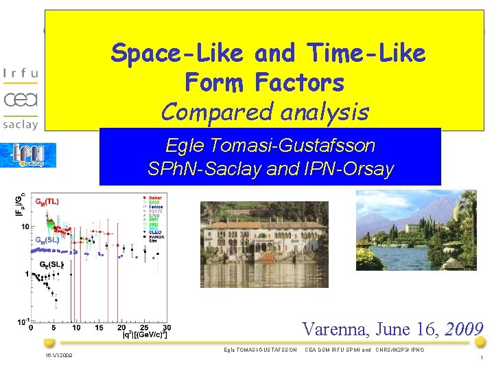 Space-Like and Time-Like Form Factors Compared analysis Egle Tomasi-Gustafsson SPh. N-Saclay and IPN-Orsay Varenna,