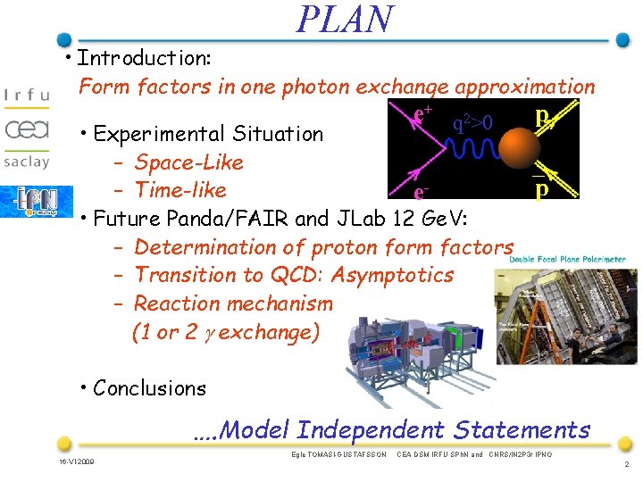 PLAN • Introduction: Form factors in one photon exchange approximation e+ q 2>0 p