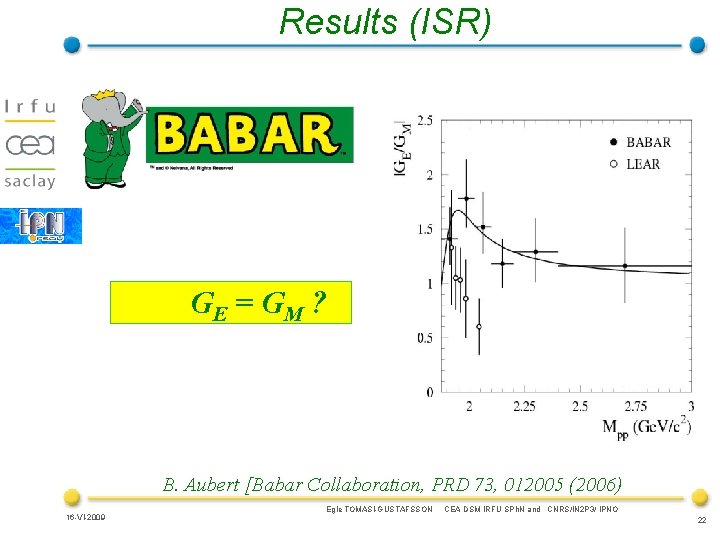 Results (ISR) GE = G M ? B. Aubert [Babar Collaboration, PRD 73, 012005