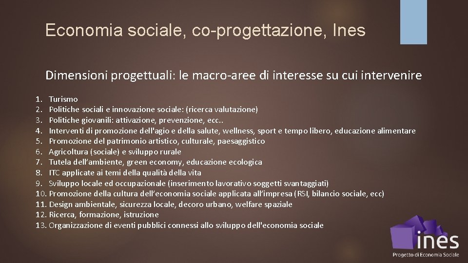Economia sociale, co-progettazione, Ines Dimensioni progettuali: le macro-aree di interesse su cui intervenire 1.
