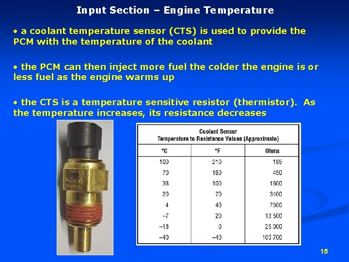 Input Section – Engine Temperature • a coolant temperature sensor (CTS) is used to