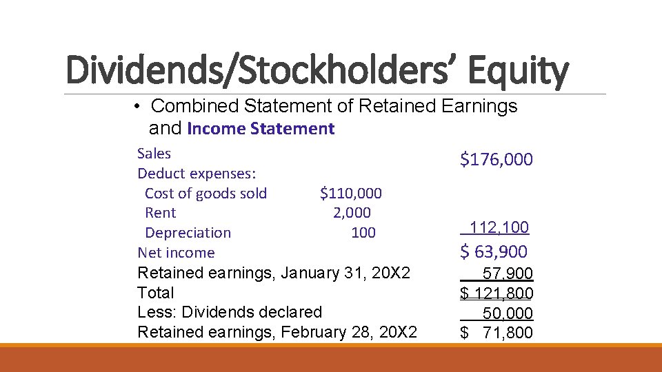 Dividends/Stockholders’ Equity • Combined Statement of Retained Earnings and Income Statement Sales Deduct expenses: