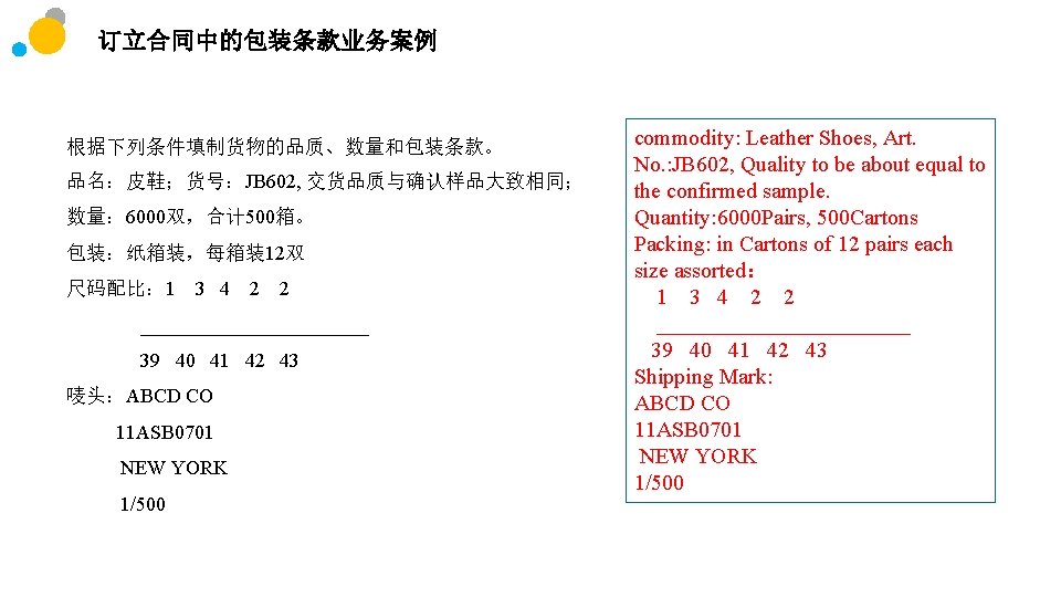 订立合同中的包装条款业务案例 根据下列条件填制货物的品质、数量和包装条款。 品名：皮鞋；货号：JB 602, 交货品质与确认样品大致相同； 数量： 6000双，合计 500箱。 包装：纸箱装，每箱装12双 尺码配比： 1 3 4 2