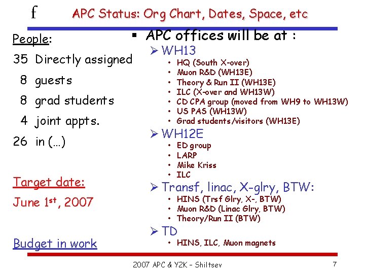 f APC Status: Org Chart, Dates, Space, etc People: § APC offices will be