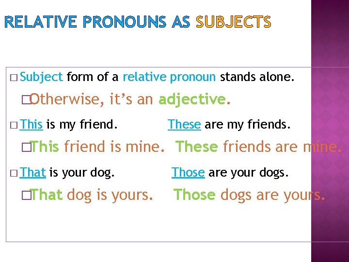 RELATIVE PRONOUNS AS SUBJECTS � Subject form of a relative pronoun stands alone. �Otherwise,