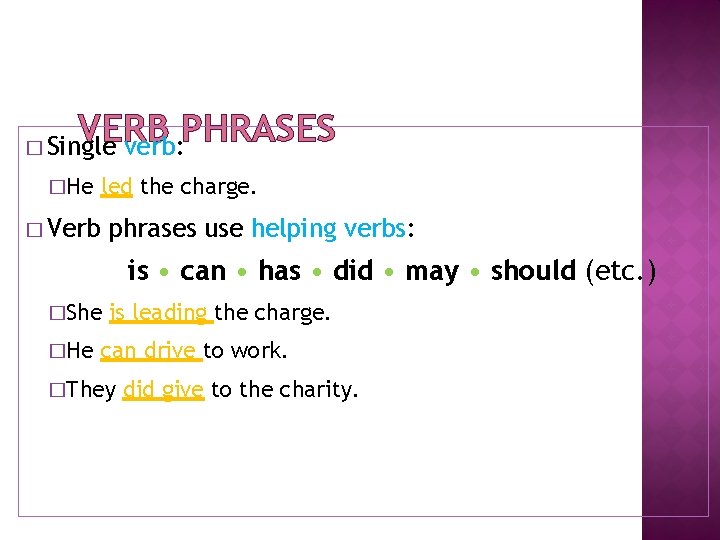 VERB PHRASES verb: � Single �He led the charge. � Verb phrases use helping