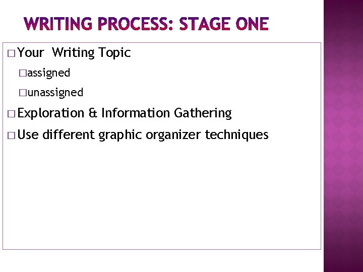 � Your Writing Topic �assigned �unassigned � Exploration � Use & Information Gathering different