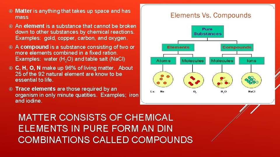  Matter is anything that takes up space and has mass An element is