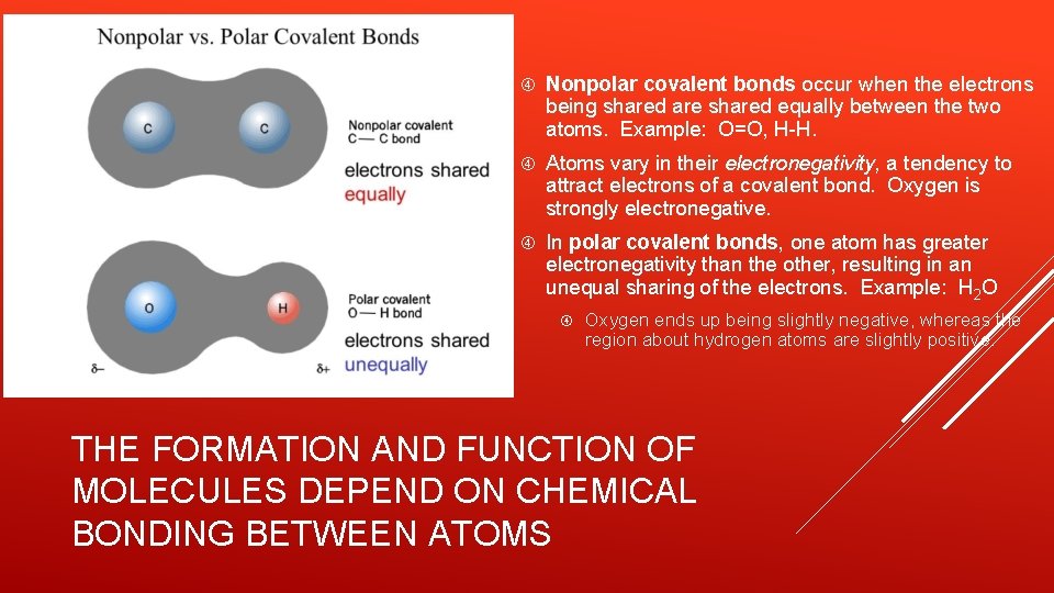  Nonpolar covalent bonds occur when the electrons being shared are shared equally between