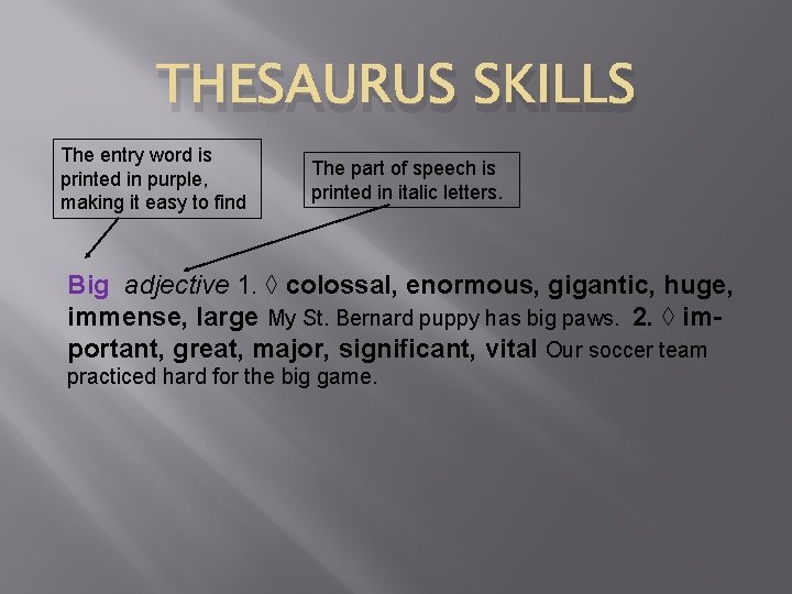 THESAURUS SKILLS The entry word is printed in purple, making it easy to find