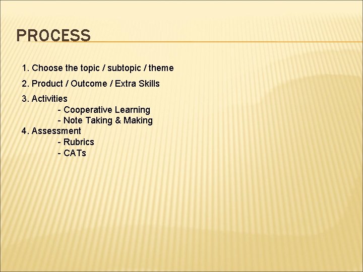 PROCESS 1. Choose the topic / subtopic / theme 2. Product / Outcome /
