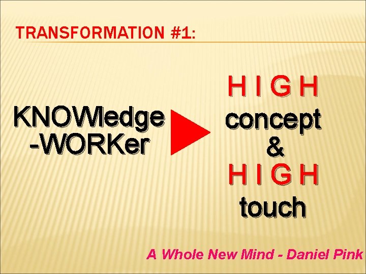 TRANSFORMATION #1: KNOWledge -WORKer HIGH concept & HIGH touch A Whole New Mind -