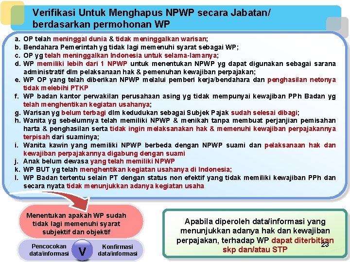 Verifikasi Untuk Menghapus NPWP secara Jabatan/ berdasarkan permohonan WP a. b. c. d. e.