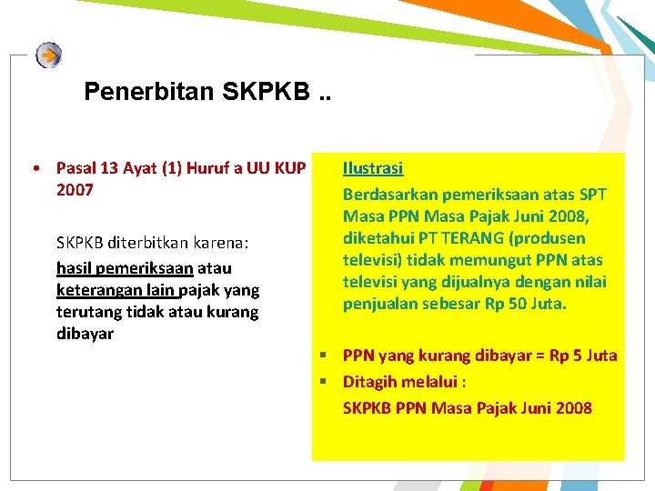 Penerbitan SKPKB. . • Pasal 13 Ayat (1) Huruf a UU KUP 2007 SKPKB