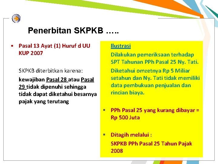 Penerbitan SKPKB …. . • Pasal 13 Ayat (1) Huruf d UU KUP 2007