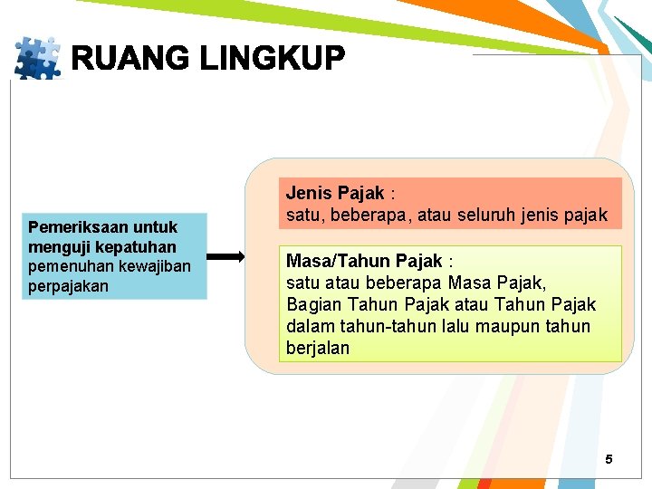 Pemeriksaan untuk menguji kepatuhan pemenuhan kewajiban perpajakan Jenis Pajak : satu, beberapa, atau seluruh