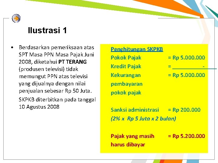 Ilustrasi 1 • Berdasarkan pemeriksaan atas SPT Masa PPN Masa Pajak Juni 2008, diketahui